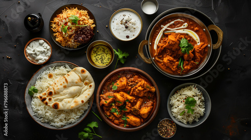 a variety of delicious Indian food dishes served on the table  Top view