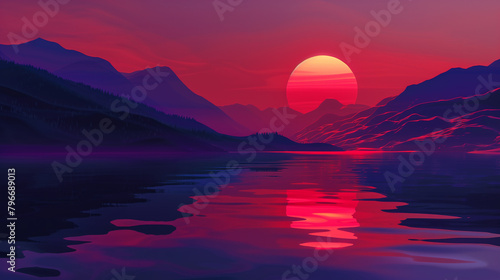 sunset view between the mountains. a vector illustration style sunset view