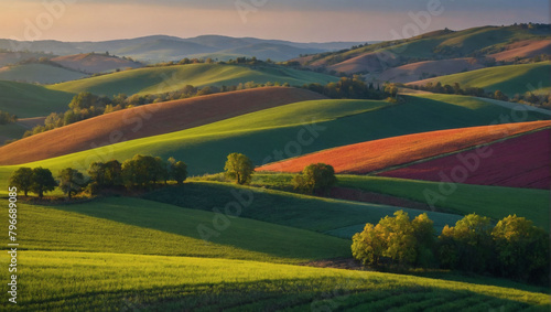 Rolling Hills Harmony, A Vibrant Landscape with Rolling Hills and Patchwork Fields, Painted in the Colors of the Seasons. © xKas
