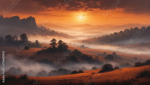 Shadowy Sunset Shroud, Landscape with Fog in Burnt Sienna Shades, Casting a Shadowy Veil Over a Sunset. © xKas