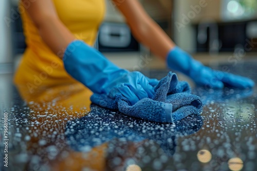 Close-up of a person's hand in a blue glove cleaning a water spotted kitchen counter photo