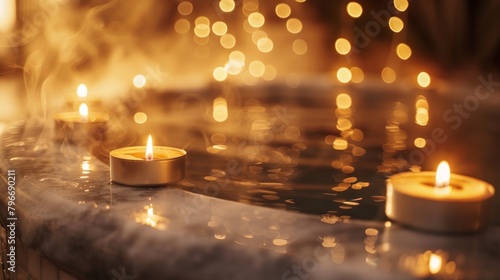 A marble bathtub is filled with steaming water adorned with floating candles that dance along the surface. The soft light creates a calming ambiance and invites you 2d flat cartoon.