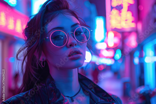 A young woman in futuristic attire  standing in a neon-lit city
