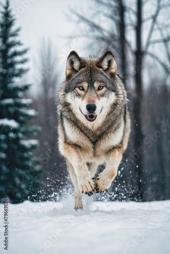 Grey Wolf (Canis lupus) Portrait running in the snow in winter . Generated AI © Arpad