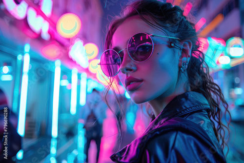 A young woman in futuristic attire, standing in a neon-lit city