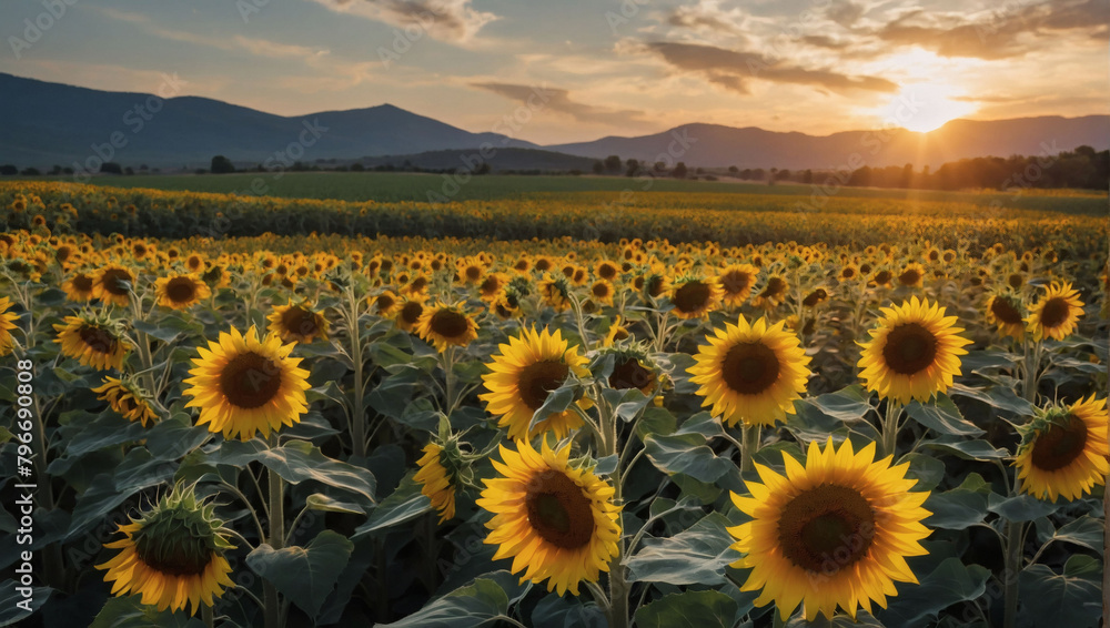 Sunflower Symphony, A Vibrant Landscape with Sunflower Fields Swaying in the Breeze, Creating a Symphony of Yellow.