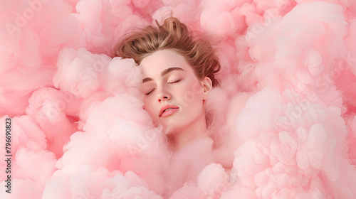 a studio shot of a woman is sleeping in pink cotton candy illustration 