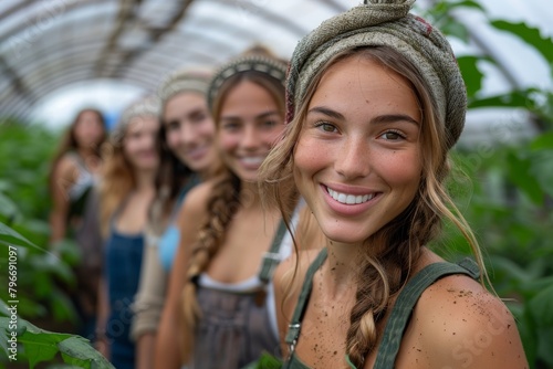 Happy friends in casual clothing and headbands sharing a moment in a greenhouse with tomato plants photo