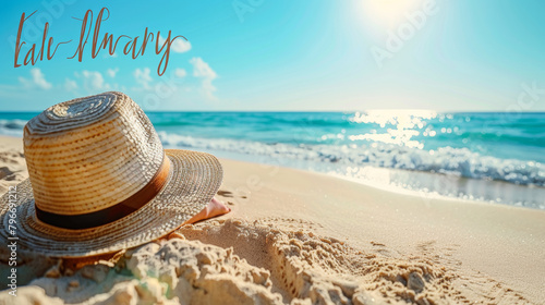 A woman is laying on the beach wearing a straw hat. The hat is placed on the sand  and the woman is looking out at the ocean. Concept of relaxation and leisure