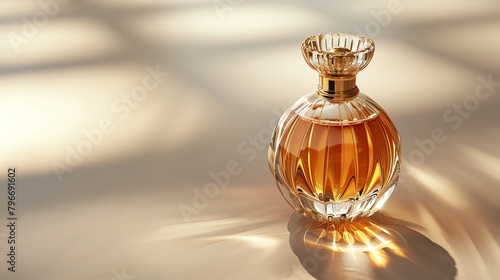 Realistic 3D image of an elegant woman displaying a perfume bottle, with light reflecting off the glass on a white background