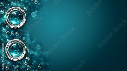 A blue background with two large bubbles on it. The bubbles are silver and are positioned on either side of the background photo