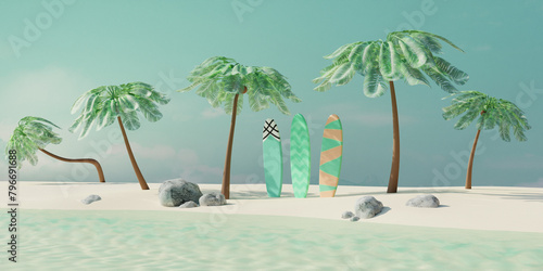 Summer tropical beach with coconut palms and surfboard on sand. Summer travel concept. 3d render photo