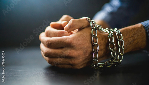 Close-up of male hands in chains against a dark backdrop, evoking confinement, struggle, and oppression. Moody tone, isolated focus on hands. photo