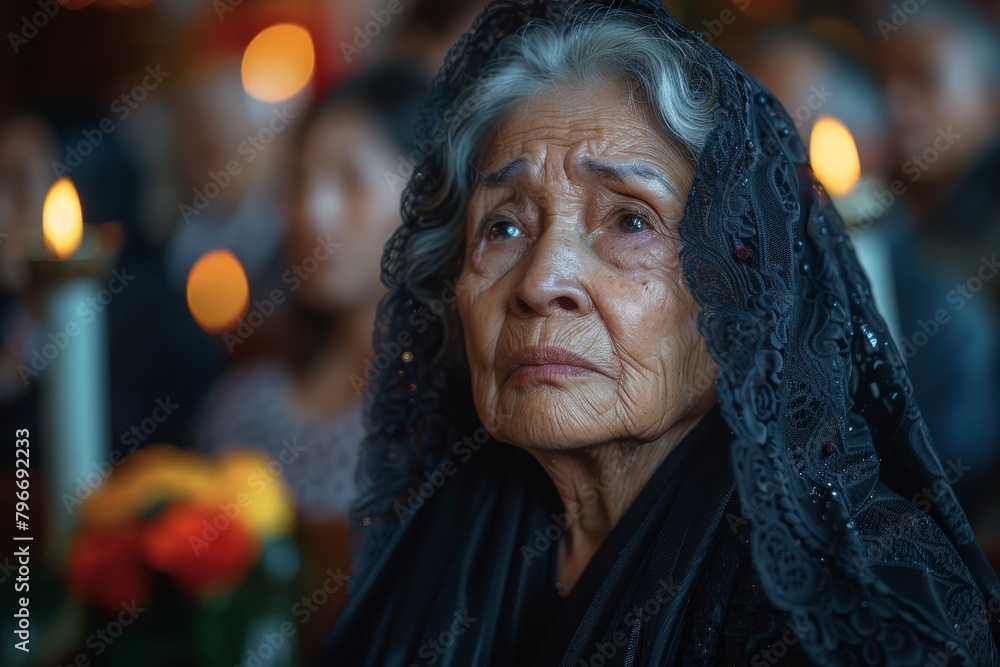 A senior woman with a saddened expression in traditional mourning attire, surrounded by flowers and a candlelit setting A senior woman with a saddened expression in traditional mourning attire, surrounded by flowers and a candlelit setting