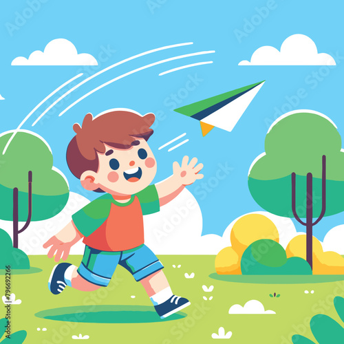 illustration of a young child playing with a paper airplane in a park