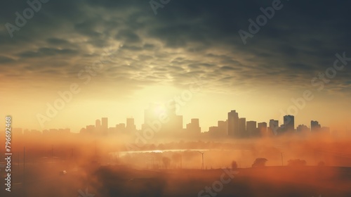 City skyline with smog and pollution overlay  showing the contribution of urban areas to global warming and environmental degradation.