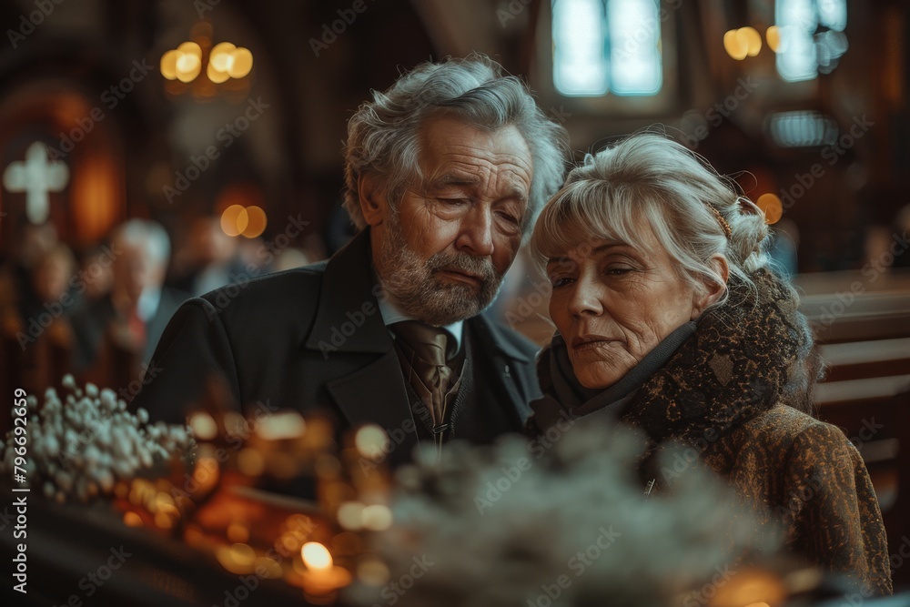 An elderly couple is pictured in a moment of grief or reflection within the solemn environment of a church An elderly couple is pictured in a moment of grief or reflection within the solemn environment of a church