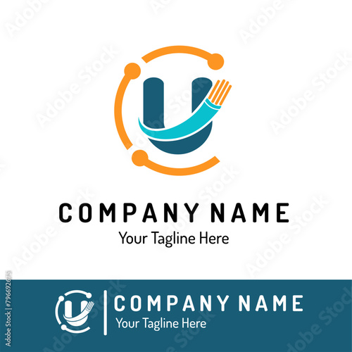 Letter u with Fiber Optic, Electric Wire for Technology Business Logo Idea. Optical Fiber, Telecom, Connection, Cabling Provider Repair, Cable Logo Vector