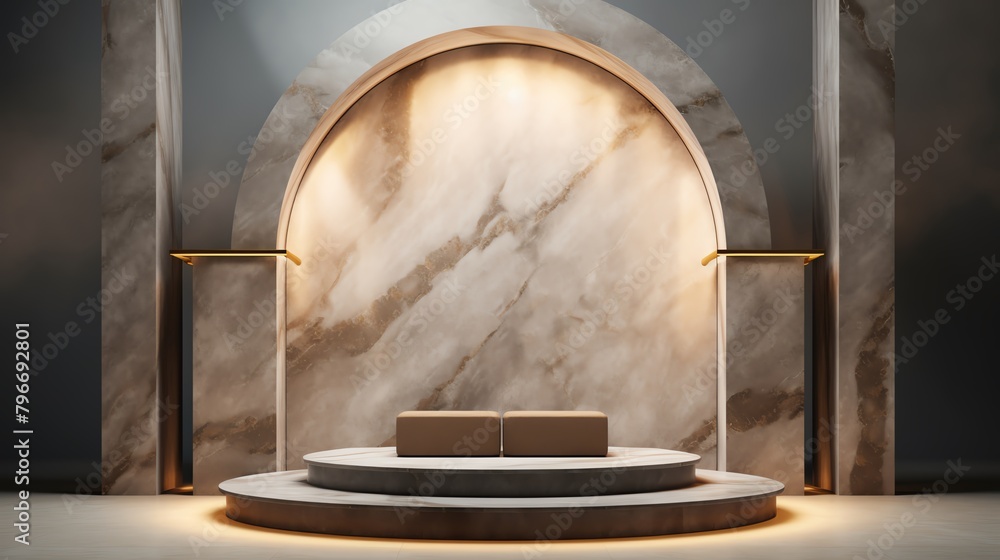 Contemporary marble podium in a stylized gallery setting with spotlights, enhancing visual appeal for luxury fashion accessories.