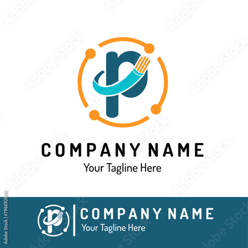 Letter p with Fiber Optic, Electric Wire for Technology Business Logo Idea. Optical Fiber, Telecom, Connection, Cabling Provider Repair, Cable Logo Vector