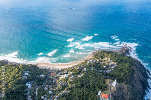 Byron Bay Australia. Scenic view ocean beach patterned waves with white foam. Travel and recreation.