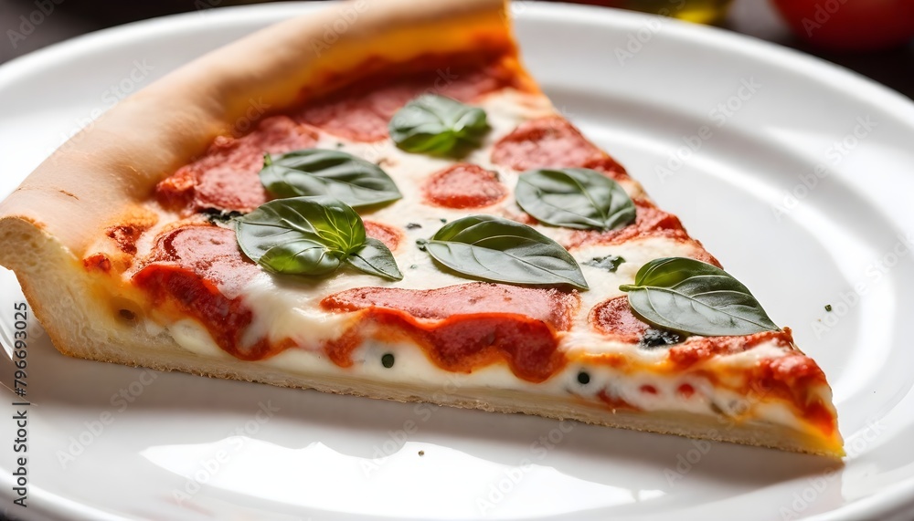 A slice of fresh pizza with tomato sauce , melted cheese , and fresh basil leaves on top A slice of fresh pizza with tomato sauce , melted cheese , and fresh basil leaves on top
