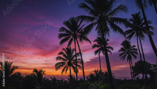 Twilight Tropics, A Vibrant Landscape with Tropical Palms Silhouetted Against the Deep Hues of Twilight.