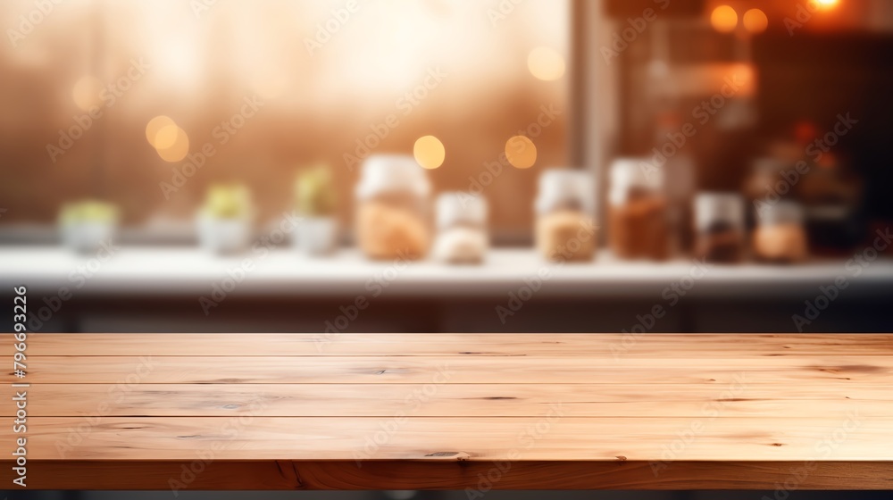 Empty wooden table top with a blurred kitchen background, showcasing a warm, inviting space for food presentation or culinary displays.