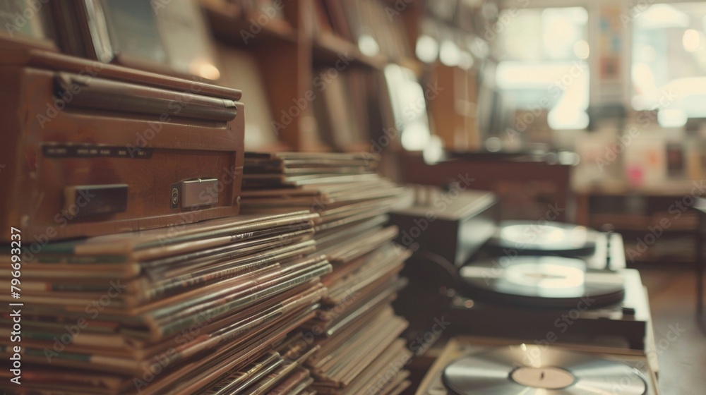 Soft focus captures the hazy warm glow of vintage record players amidst a sea of old LPs in a cozy intimate corner of a record store inviting you to browse and explore. . Soft focus captures the hazy warm glow of vintage record players amidst a sea of old LPs in a cozy intimate corner of a record store inviting you to browse and explore. .