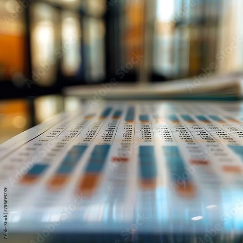 A perfectly aligned row of financial reports rests on a glass table, their numbers meticulously calculated and analyzed for insights