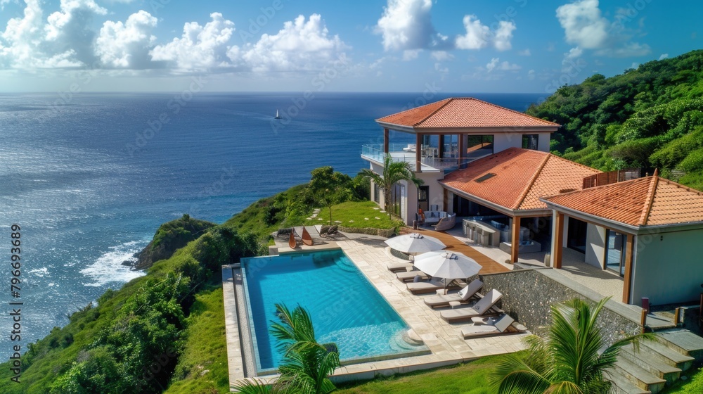Obraz premium A large house with a pool and a view of the ocean