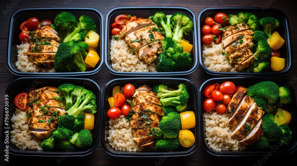 Organized meal prep containers filled with grilled chicken, brown rice, and steamed vegetables, lined up for a week's healthy eating plan. Organized meal prep containers filled with grilled chicken, brown rice, and steamed vegetables, lined up for a week's healthy eating plan.