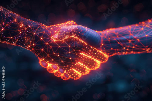 Business agreement concept with two people shaking hands in 3D illustration on dark background