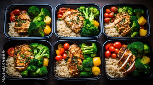 Organized meal prep containers filled with grilled chicken, brown rice, and steamed vegetables, lined up for a week's healthy eating plan.