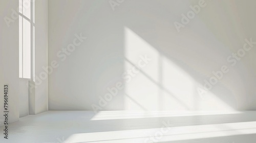 A large, empty room with a window that lets in sunlight photo