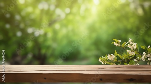 Rustic wooden tabletop with a blurred green garden background  ideal for a natural  outdoor product setup or spring-themed display.