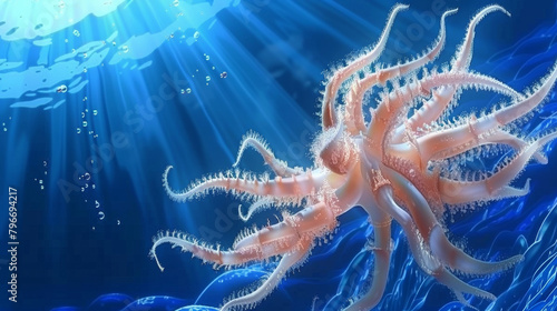 A large octopus is swimming in the ocean. The octopus is surrounded by sunlight, which creates a warm and inviting atmosphere. Concept of freedom and exploration