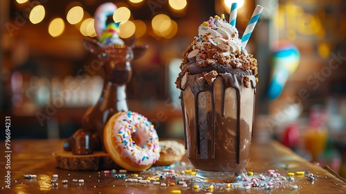 Party concept chocolate freak shake topping with donut on the party table near rocker horse cookie selective focus on freak shake photo
