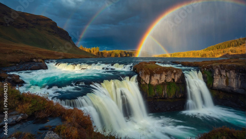 Waterfall Wonderland, A Landscape Vibrant with Cascading Waterfalls and Prismatic Rainbows.