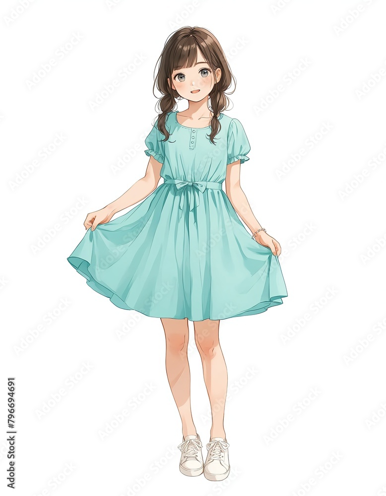 girl in cute teal dress on plain wjite background from Generative AI