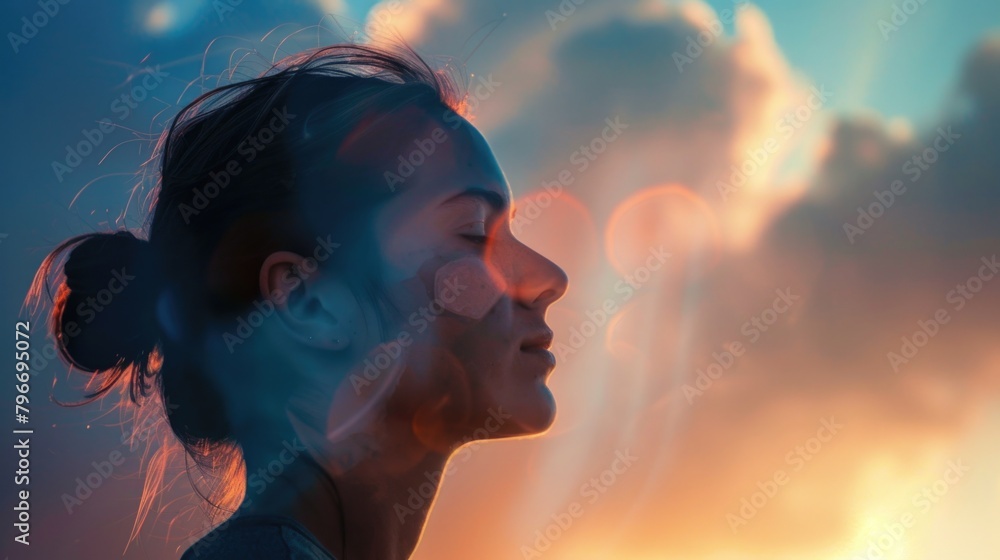 A woman is looking at the camera with a peaceful expression A woman is looking at the camera with a peaceful expression