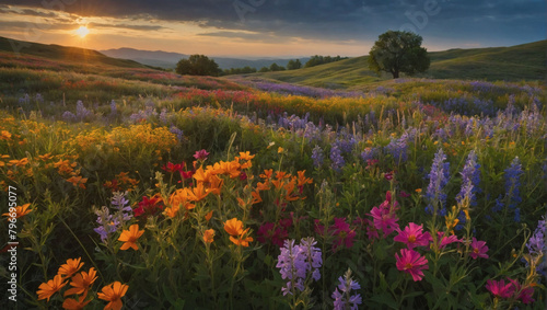 Wildflower Wonderland, A Vibrant Landscape with Rolling Meadows Blanketed in Wildflowers of Every Color.