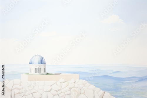 A painting of a small building on a cliff overlooking the ocean.