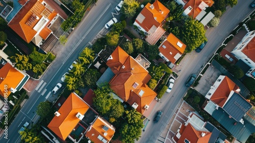 A street view of a residential neighborhood with many red roofs