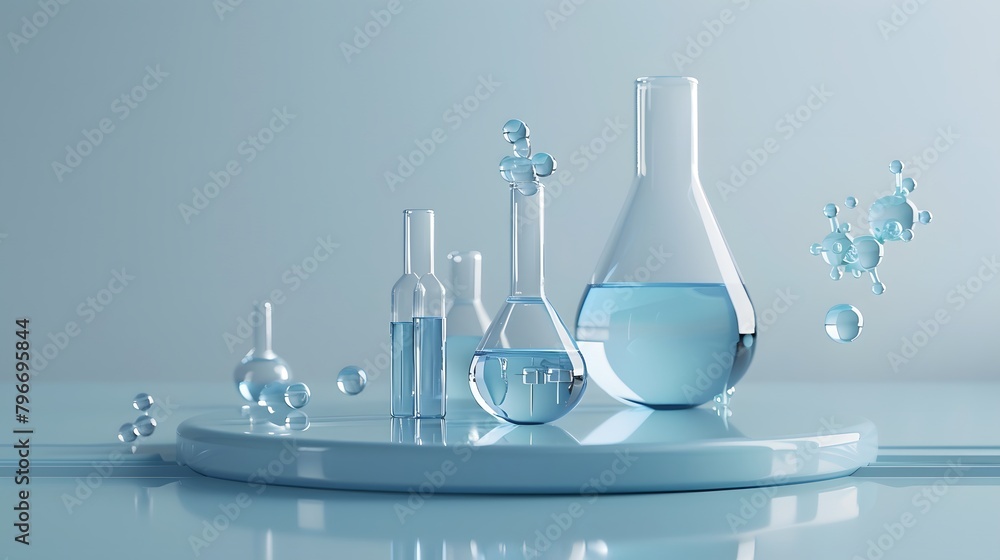 A blue minimalist lab scene with a circular transparent stage on the table top. creating a profes. A blue minimalist lab scene with a circular transparent stage on the table top. creating a profes.