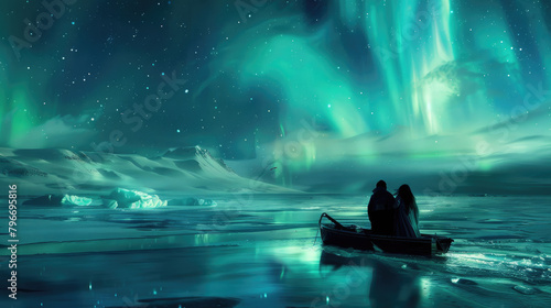 a marine ecologists a man and woman on an expedition in the arctic ocean, the northern lights photo
