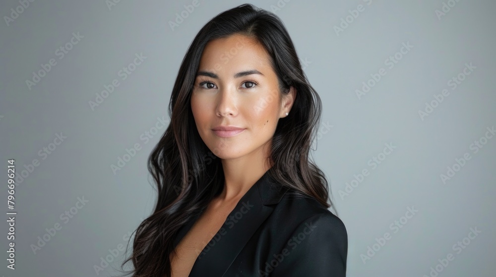 A woman with long black hair is wearing a black jacket and smiling A woman with long black hair is wearing a black jacket and smiling