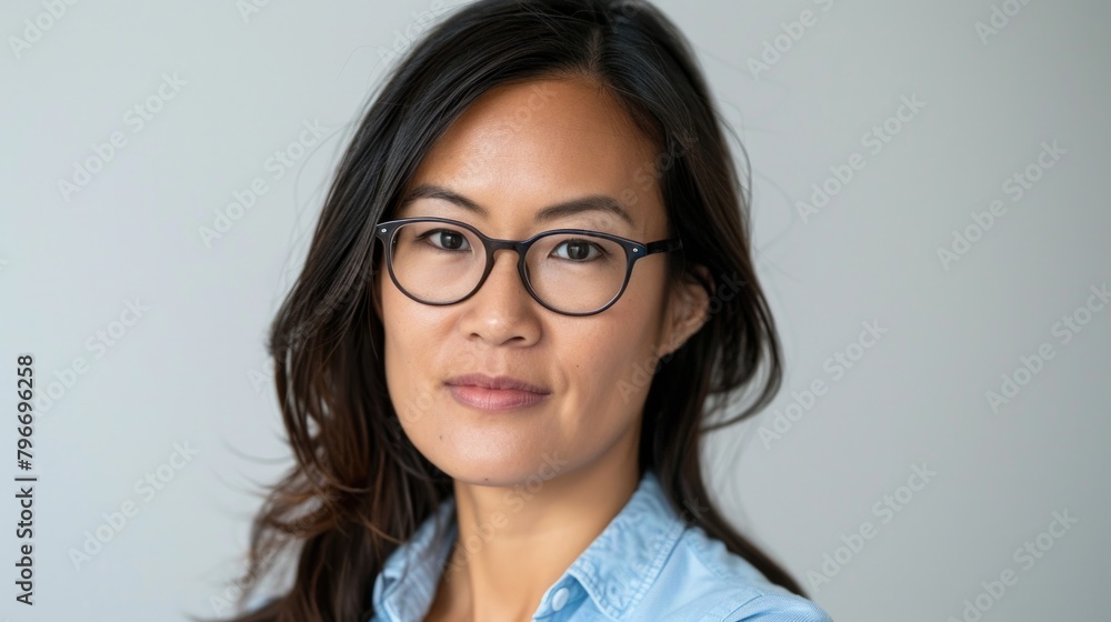 A woman wearing glasses is smiling at the camera A woman wearing glasses is smiling at the camera