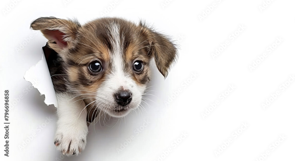 cute puppy pet coming out of a white paper, copy space, empty space