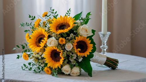 Bouquet with sunflower and white roses on a wedding table decorated with white tablecloth